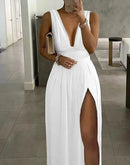 Vestido Longo Feminino Decote V Profundo com Fenda Lateral
