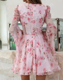 Vestido Feminino Floral Manga Longa Flare