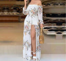 Vestido Feminino Primavera Verão 2025 | Floral Ombro a Ombro, Manga Longa, Cintura Alta com Fenda – Casual Chic
