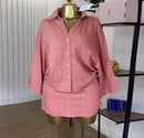 Conjunto Feminino Primavera/Verão 2025 – Camisa Manga Morcego + Saia/Short Cintura Alta
