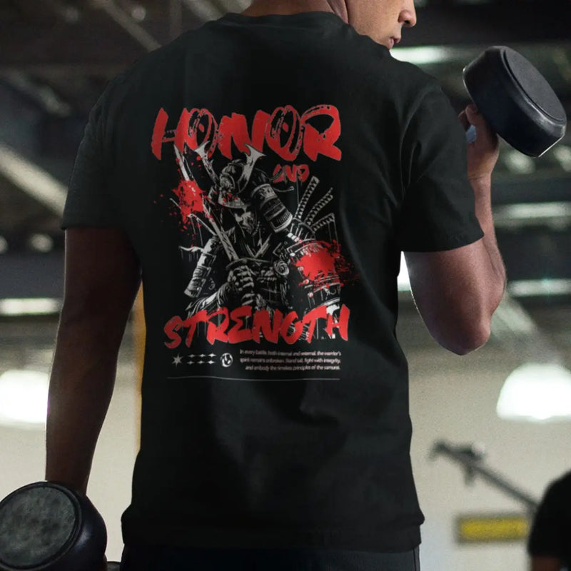 Camiseta Masculina Básica GuGi Estampa Samurai Honor and Strength Manga Curta 100% Algodão Premium