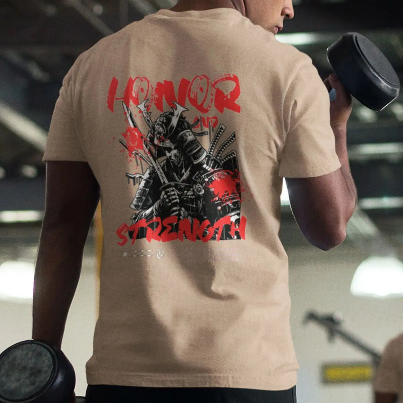 Camiseta Masculina Básica GuGi Estampa Samurai Honor and Strength Manga Curta 100% Algodão Premium