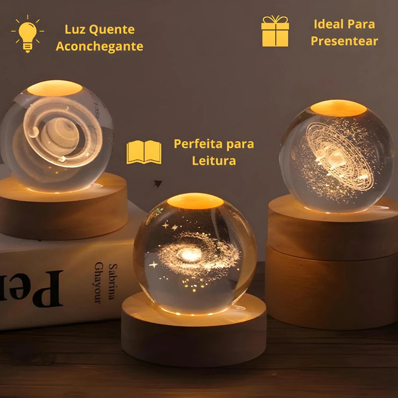 Luminária Cristal De Mesa Bola de Cristal Planeta Terra, Lua, Galáxia e Sistema Solar LED Base De Madeira Decoração