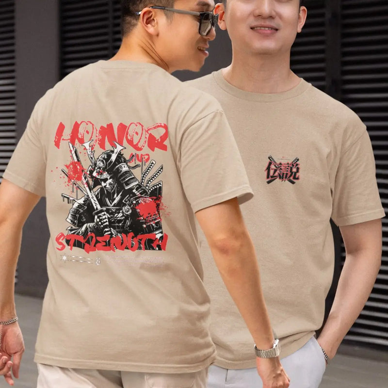 Camiseta Masculina Básica GuGi Estampa Samurai Honor and Strength Manga Curta 100% Algodão Premium
