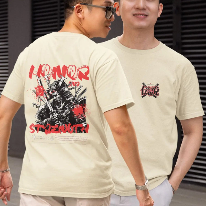 Camiseta Masculina Básica GuGi Estampa Samurai Honor and Strength Manga Curta 100% Algodão Premium