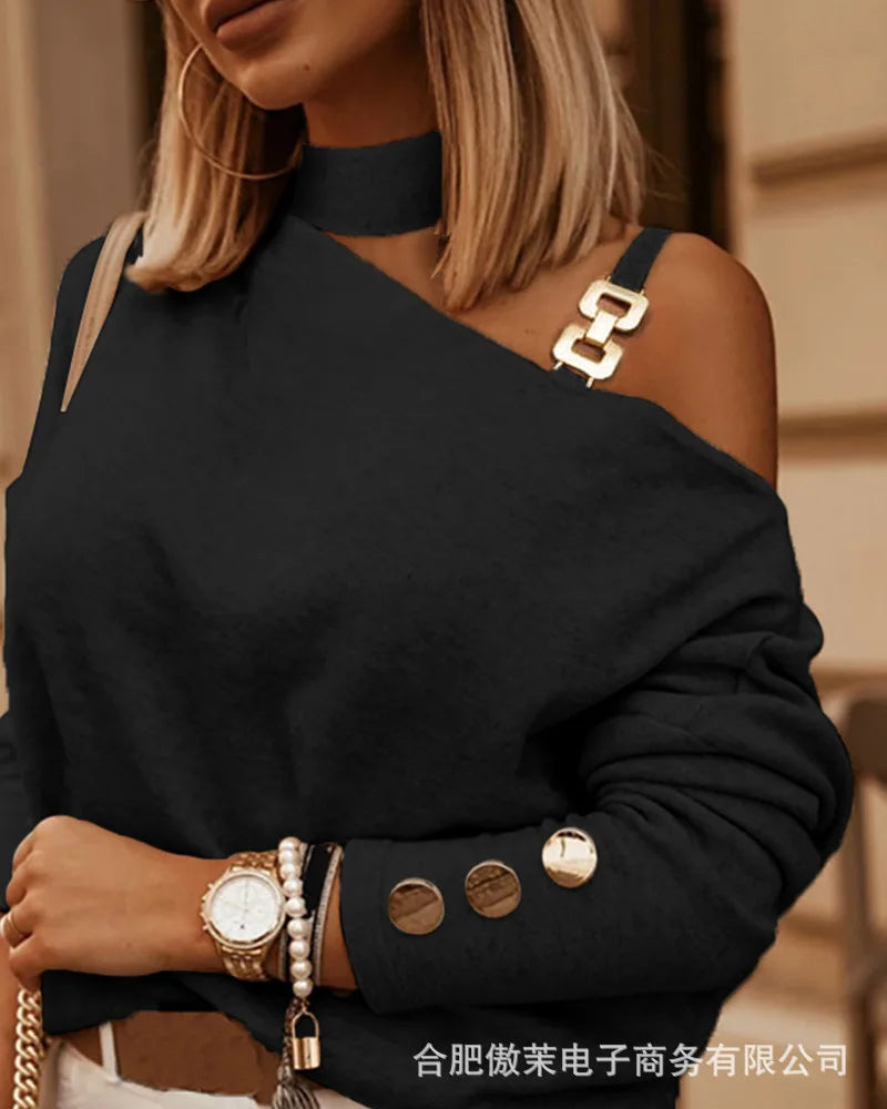 Blusa Feminina FANAN Ombro Único com Corrente, Manga Longa