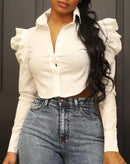 Blusa Feminina Cropped EAEOVNI – Manga Bufante, Gola de Camisa, Estilo Casual Primavera/Verão