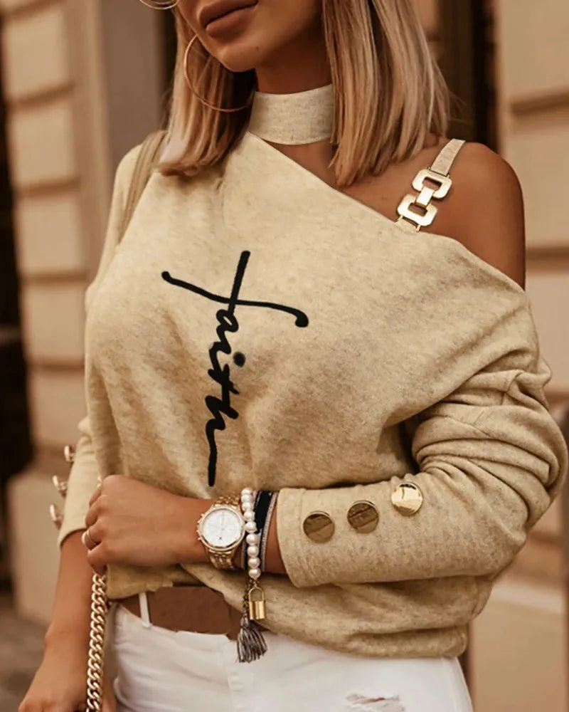 Blusa Feminina FANAN Ombro Único com Corrente, Manga Longa