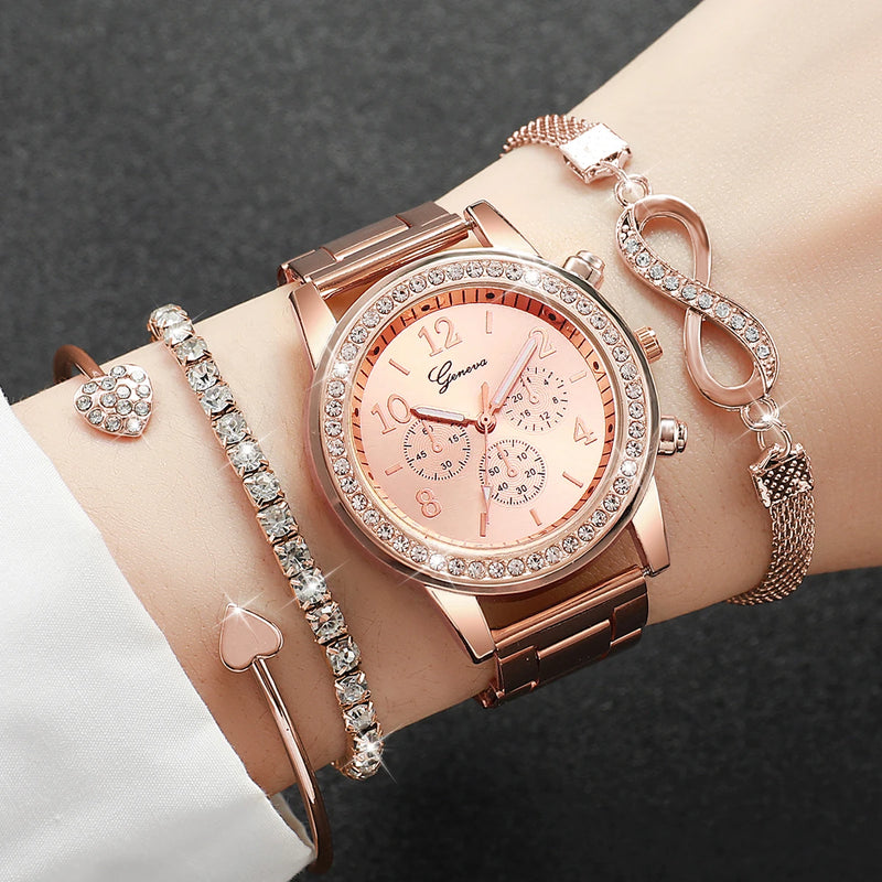 Kit 4 Peças Relógio Feminino V248 + 3 Pulseiras