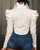 Blusa Feminina Cropped EAEOVNI – Manga Bufante, Gola de Camisa, Estilo Casual Primavera/Verão