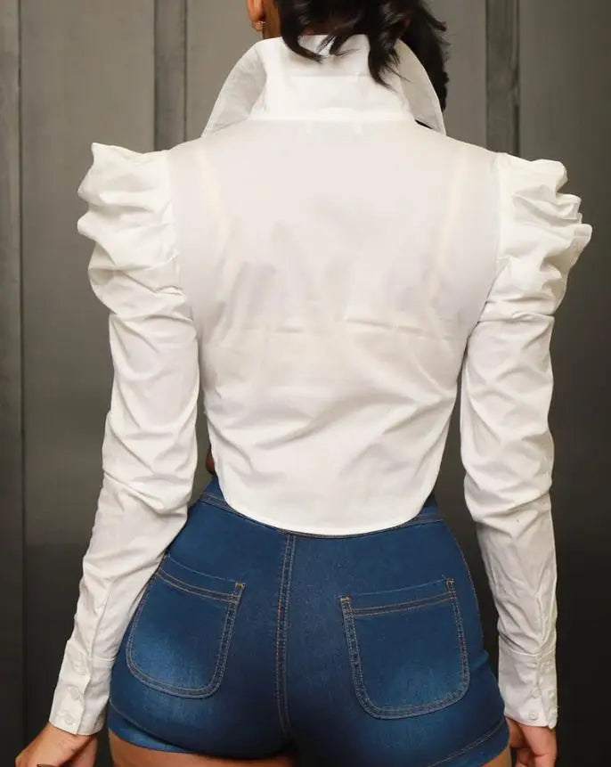 Blusa Feminina Cropped EAEOVNI – Manga Bufante, Gola de Camisa, Estilo Casual Primavera/Verão