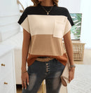 Blusa Feminina Casual Bicolor com Bolso e Gola Redonda – Estilo Elegante e Confortável