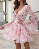 Vestido Feminino Floral Manga Longa Flare