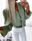 Blusa Feminina XIKUO – Decote V, Manga Longa Bufante, Estilo Elegante Casual, Tecido Leve