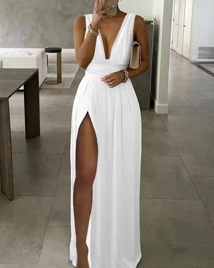 Vestido Longo Feminino Decote V Profundo com Fenda Lateral