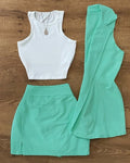 Conjunto Feminino 3 Peças – Regata + Colete + Mini Saia