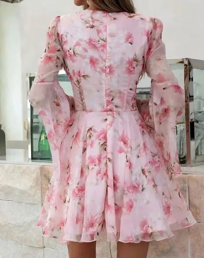 Vestido Feminino Floral Manga Longa Flare