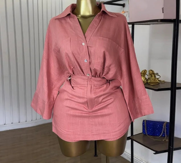 Conjunto Feminino Primavera/Verão 2025 – Camisa Manga Morcego + Saia/Short Cintura Alta