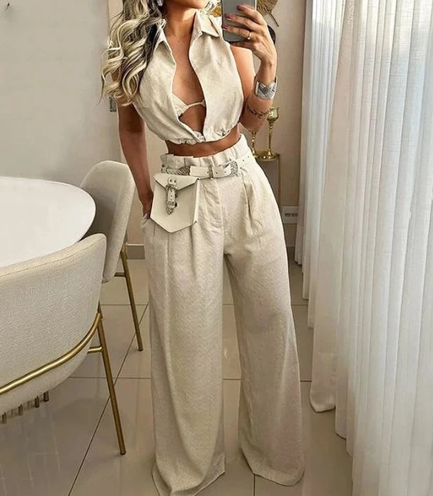 Conjunto Feminino 2 Peças – Blusa Cropped + Calça Cargo