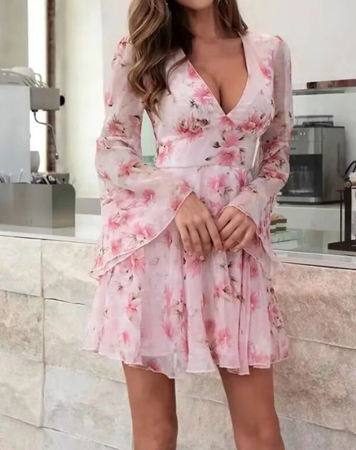 Vestido Feminino Floral Manga Longa Flare