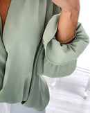 Blusa Feminina XIKUO – Decote V, Manga Longa Bufante, Estilo Elegante Casual, Tecido Leve