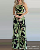 Conjunto Feminino 2 Peças Top Cropped Costas Nua + Saia Longa Estampada