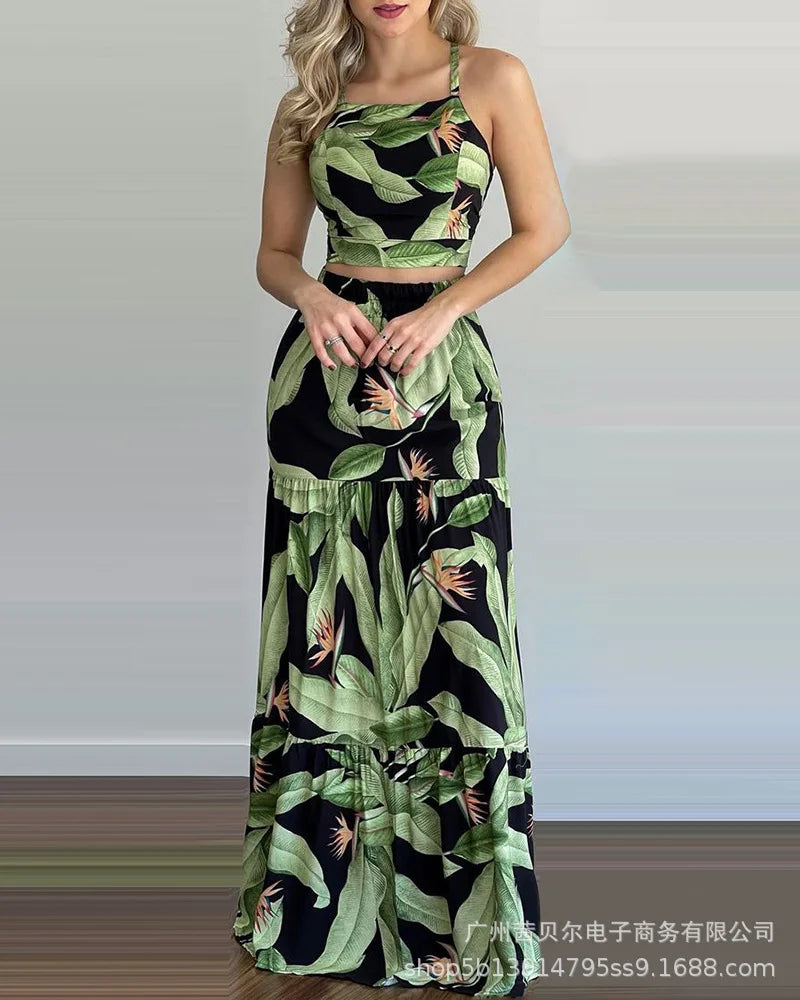 Conjunto Feminino 2 Peças Top Cropped Costas Nua + Saia Longa Estampada