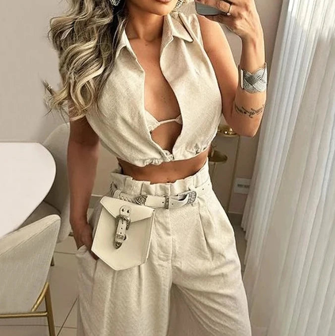 Conjunto Feminino 2 Peças – Blusa Cropped + Calça Cargo