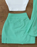 Conjunto Feminino 3 Peças – Regata + Colete + Mini Saia