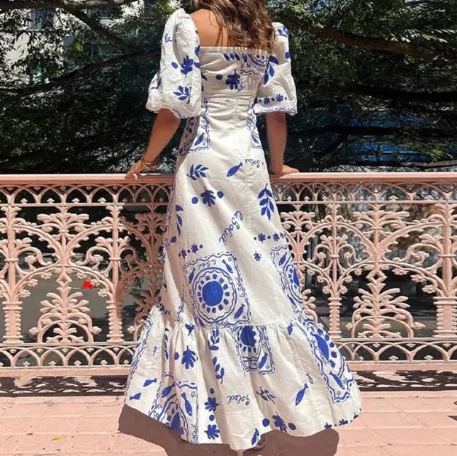 Vestido Longo Feminino Estampado Elegante com Decote Quadrado e Manga Bufante – Verão Casual