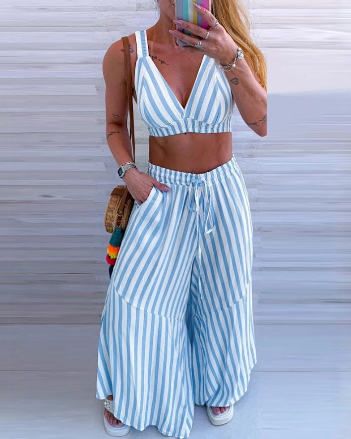 Conjunto Feminino 2 Peças Cropped + Calça Pantalona Cintura Alta