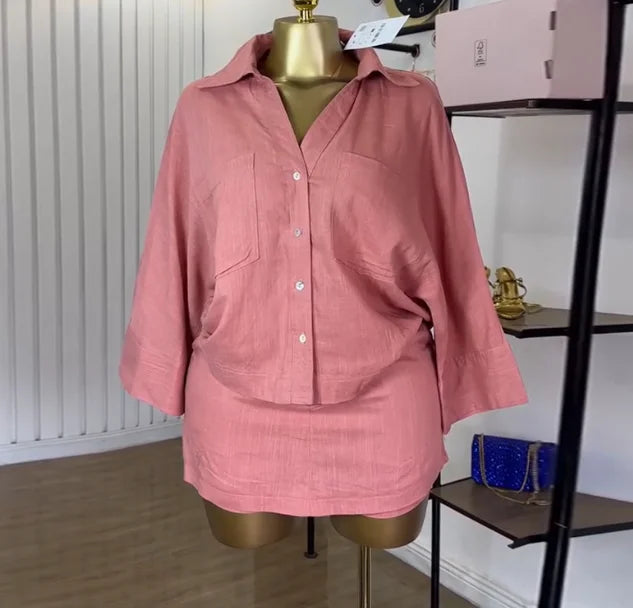 Conjunto Feminino Primavera/Verão 2025 – Camisa Manga Morcego + Saia/Short Cintura Alta