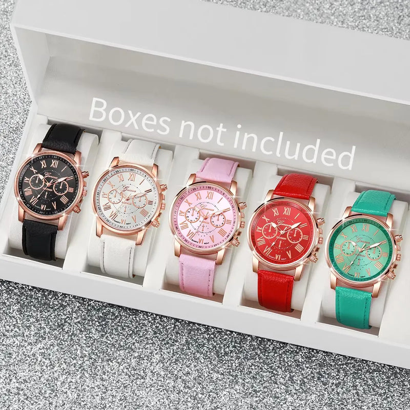 Kit 5 Relógios Femininos – Roma Dial, Couro, Quartzo