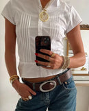 Blusa Feminina Casual Bicolor com Bolso e Gola Redonda – Estilo Elegante e Confortável