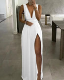 Vestido Longo Feminino Decote V Profundo com Fenda Lateral