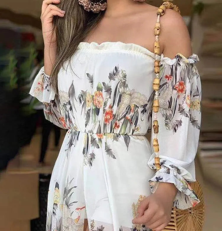 Vestido Feminino Primavera Verão 2025 | Floral Ombro a Ombro, Manga Longa, Cintura Alta com Fenda – Casual Chic