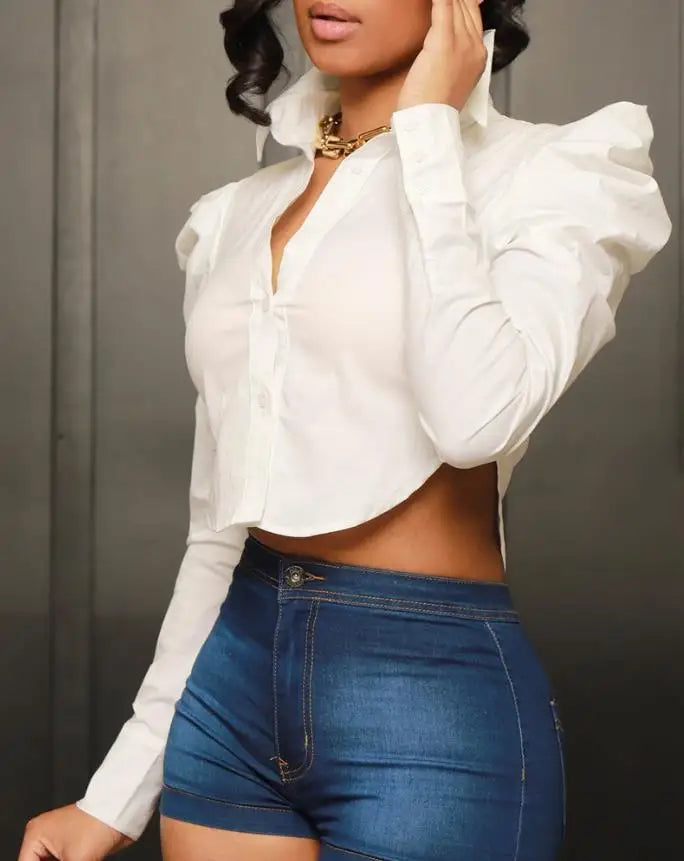 Blusa Feminina Cropped EAEOVNI – Manga Bufante, Gola de Camisa, Estilo Casual Primavera/Verão