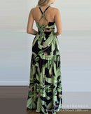 Conjunto Feminino 2 Peças Top Cropped Costas Nua + Saia Longa Estampada