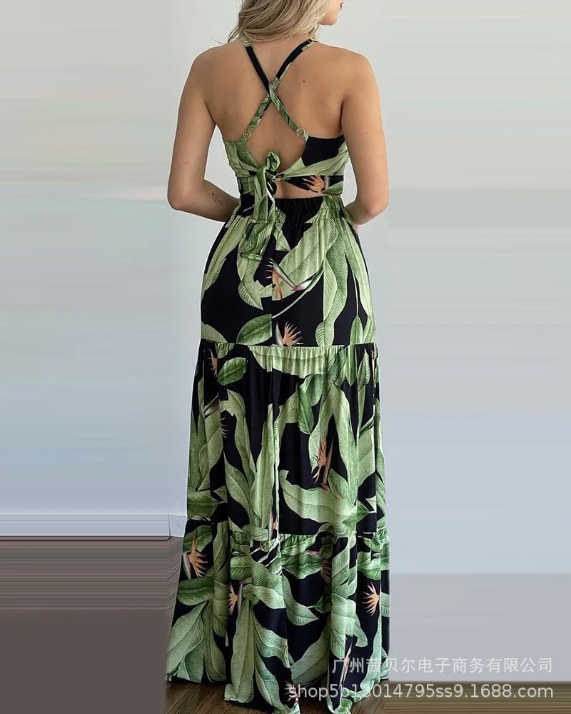 Conjunto Feminino 2 Peças Top Cropped Costas Nua + Saia Longa Estampada